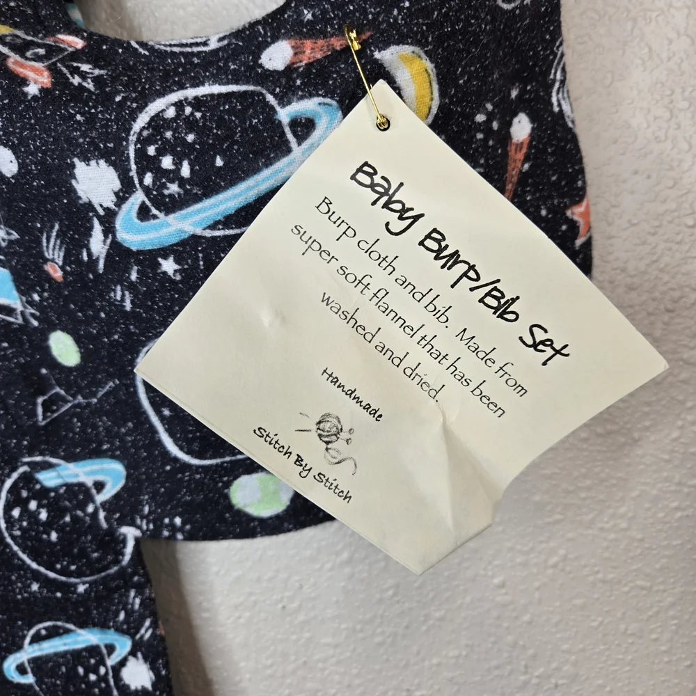 Nwt Handmade Baby Space Print Bib & Burp Cloth Set - Black Stars Planets Nasa